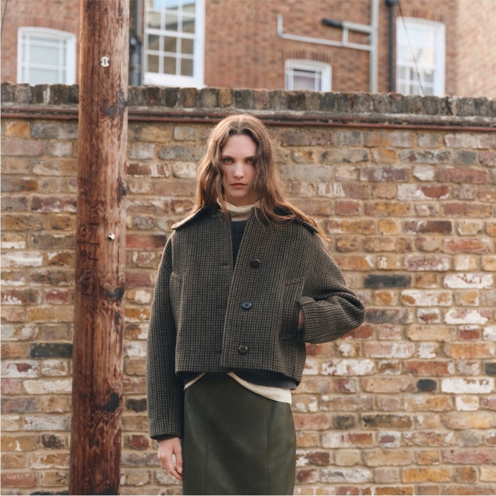 Mango "Dita" Houndstooth Cropped Brown Wool Blend Wide Collar Oversized Jacket